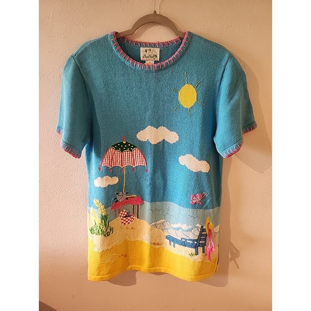 Vintage Quacker Factory Summer Beach Pink Short Sleeve Tunic Sweater Capri Small